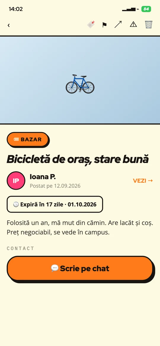 Detaliul unui anunț de Bazar, cu butonul de chat către vânzător