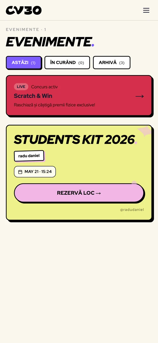 Lista de evenimente din CV30, cu un concurs activ și un eveniment care se poate rezerva
