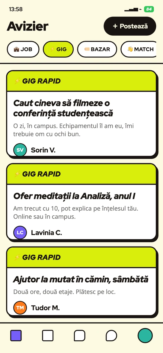 Zona GIG din CV30, cu anunțuri de muncă scurtă între studenți