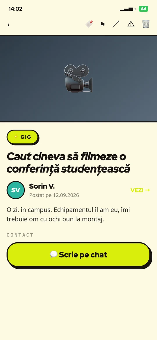 Detaliul unui anunț GIG, cu butonul de chat către autor