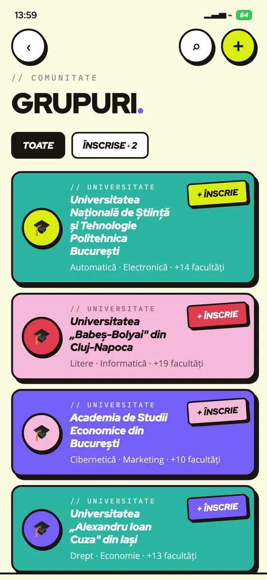 Lista de grupuri din CV30, câte unul pentru fiecare universitate