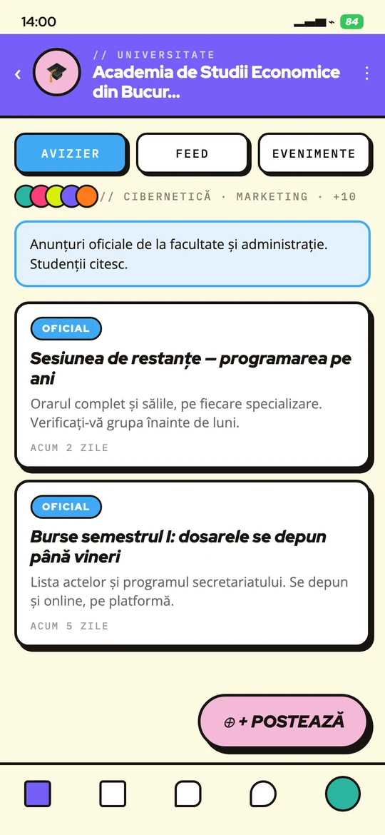 Interiorul unui grup de universitate, cu anunțurile oficiale