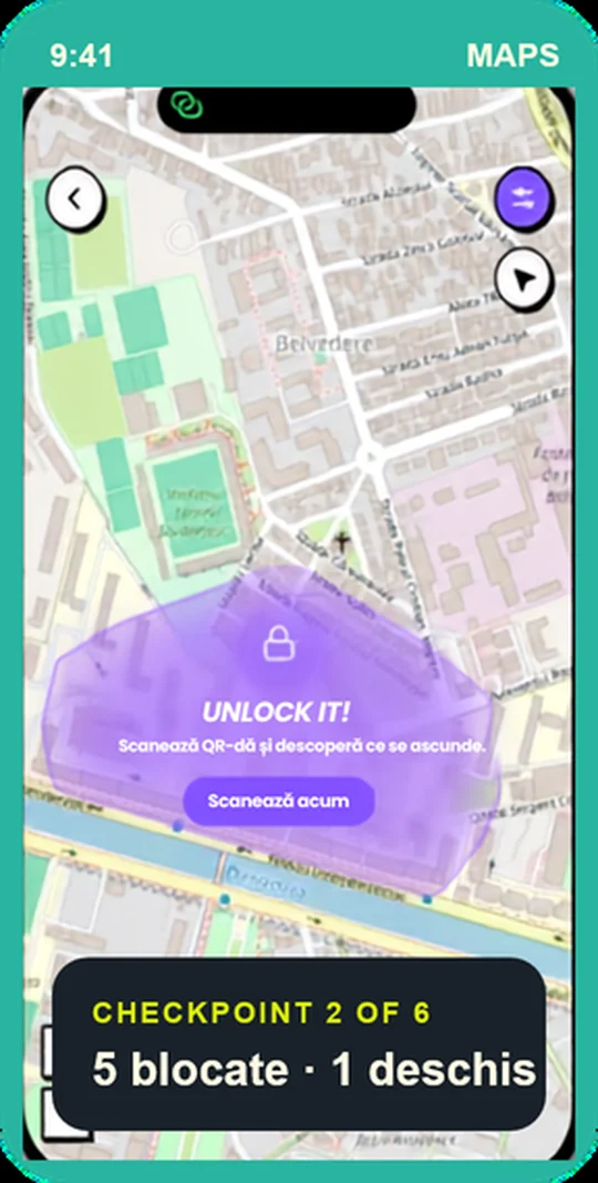 O zonă blocată pe hartă, care se deblochează scanând un cod QR la fața locului