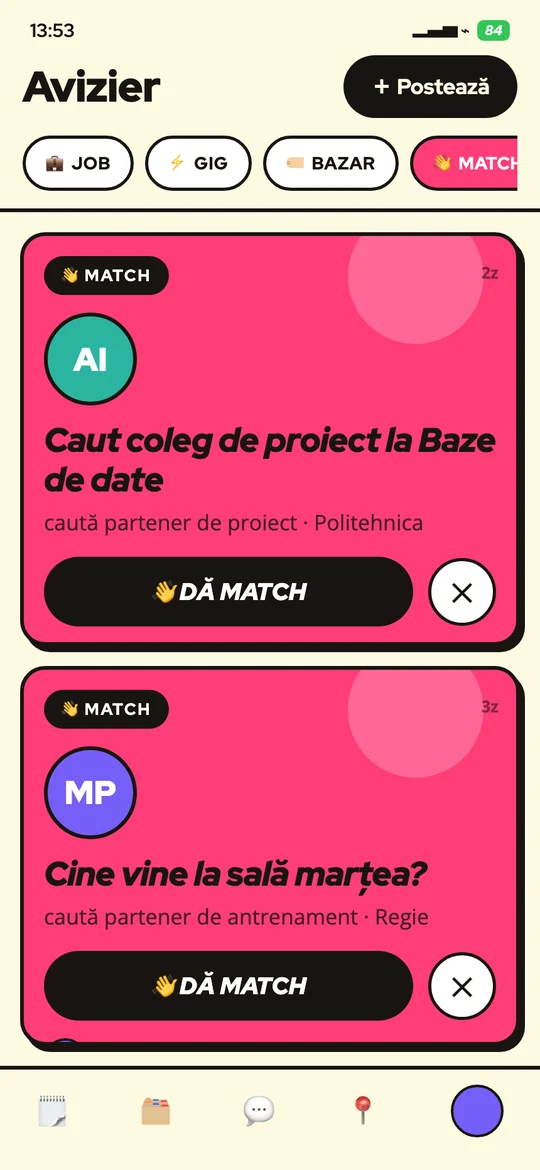 Zona Match din CV30, cu anunțuri de la studenți care caută coleg de proiect sau de sală