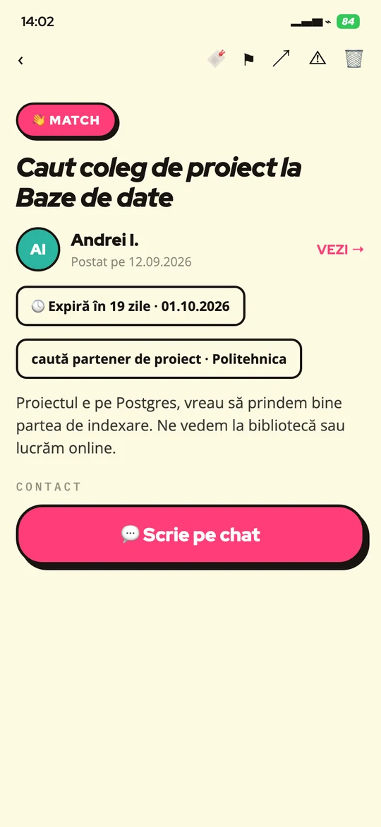 Detaliul unui anunț de Match, cu butonul de chat către autor